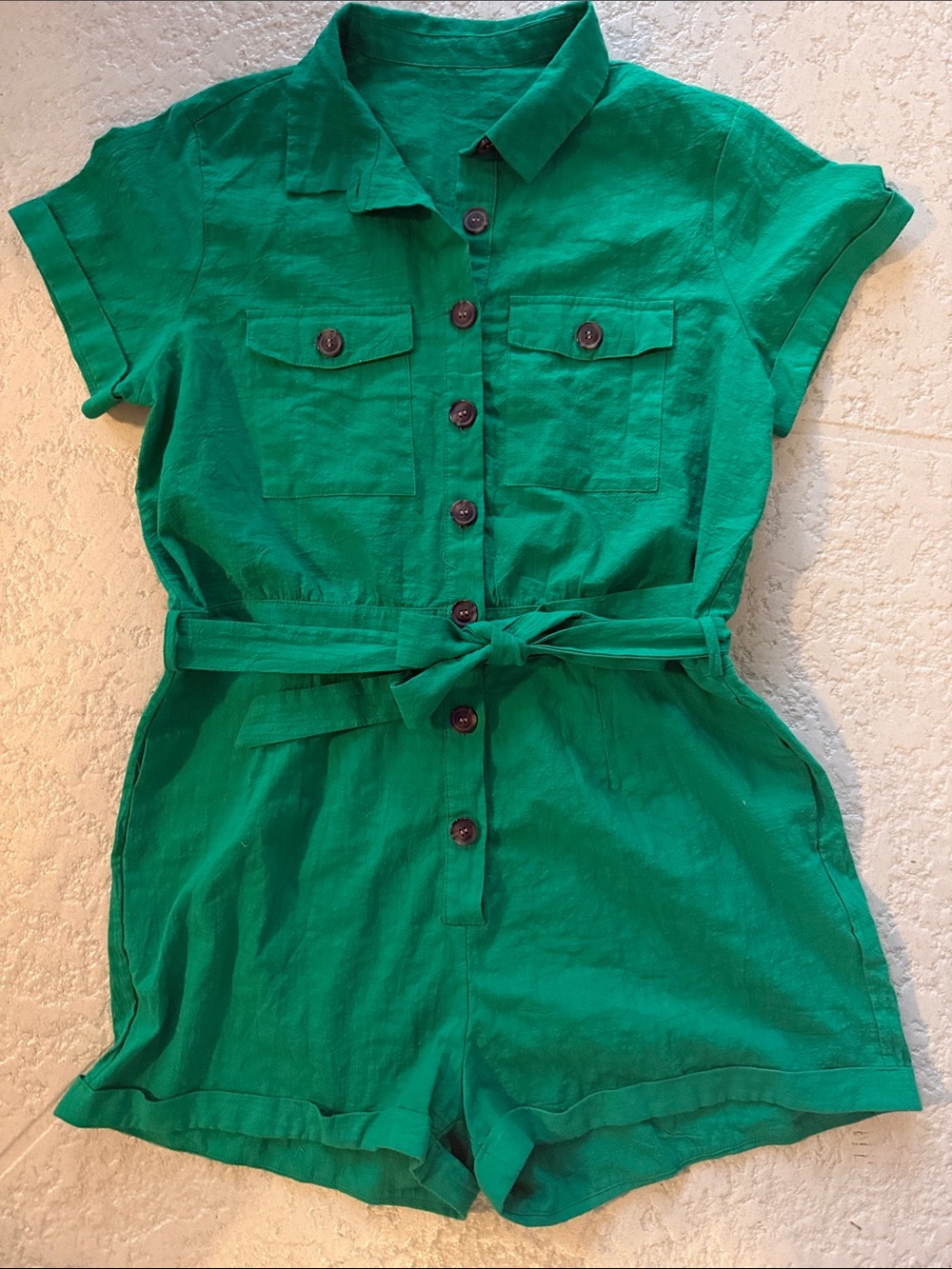 Short-Sleeve Green Button-Front Linen Romper with Waist Tie